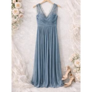 Hitherto Dusty Blue Chiffon Lace Bridesmaid Dress Maxi Size 6